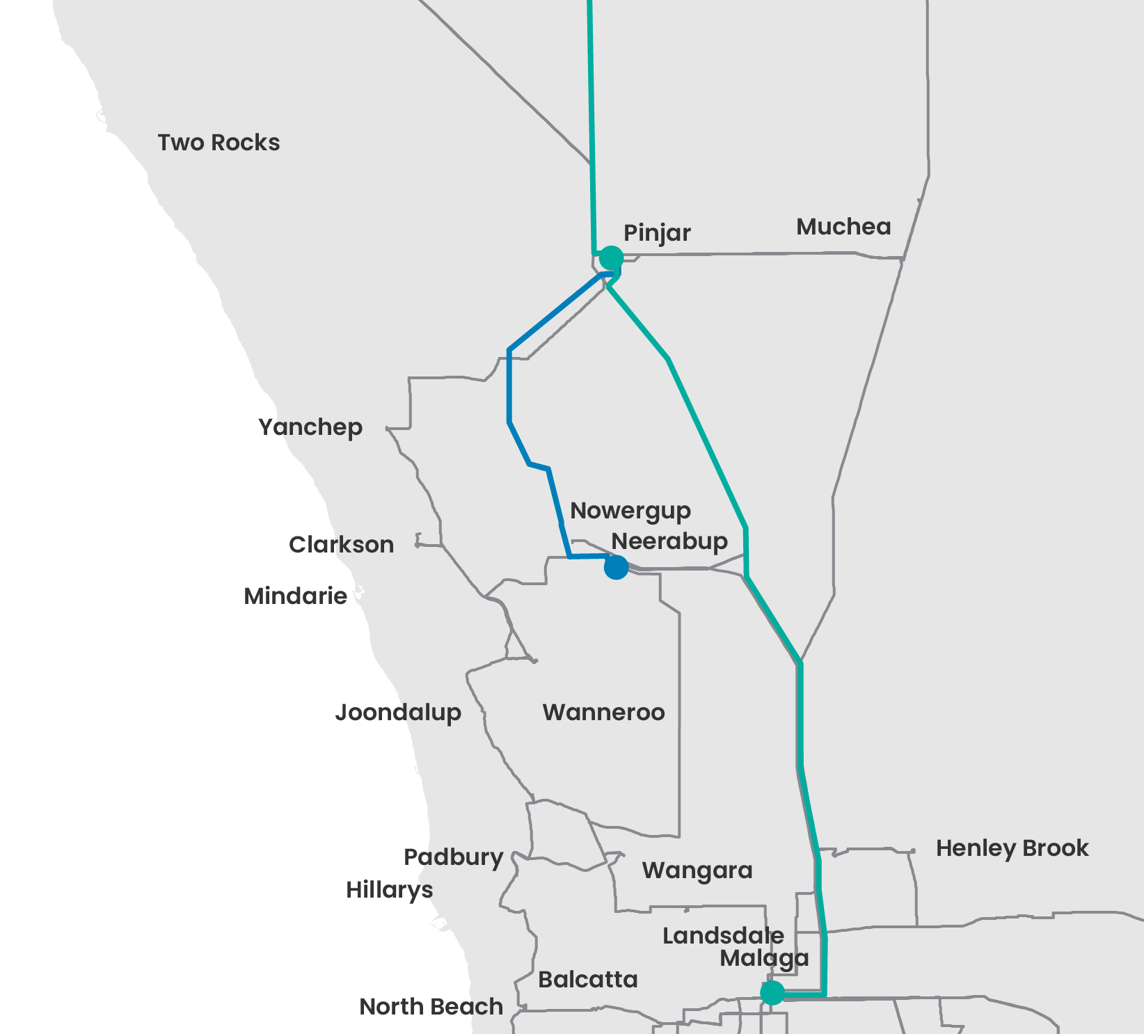 Northern Terminal to Three Springs Terminal line route map