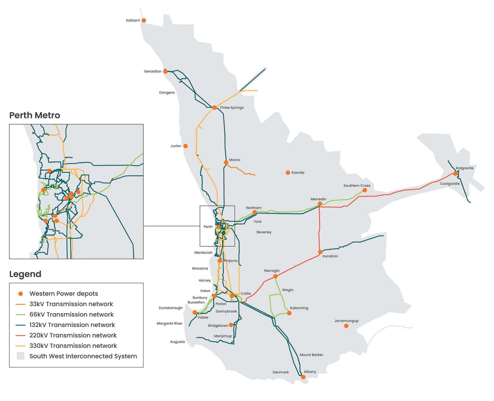 Map of the SWIS showing the transmission network