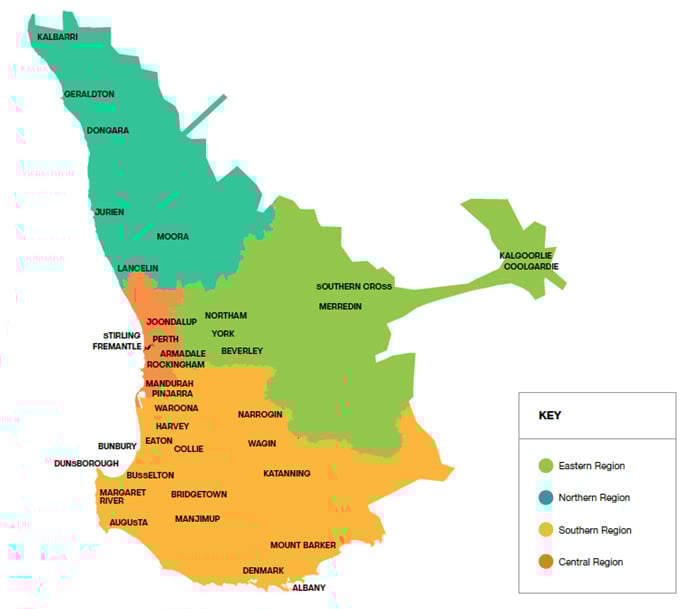 Map of Western Power’s services regions with key towns labelled.