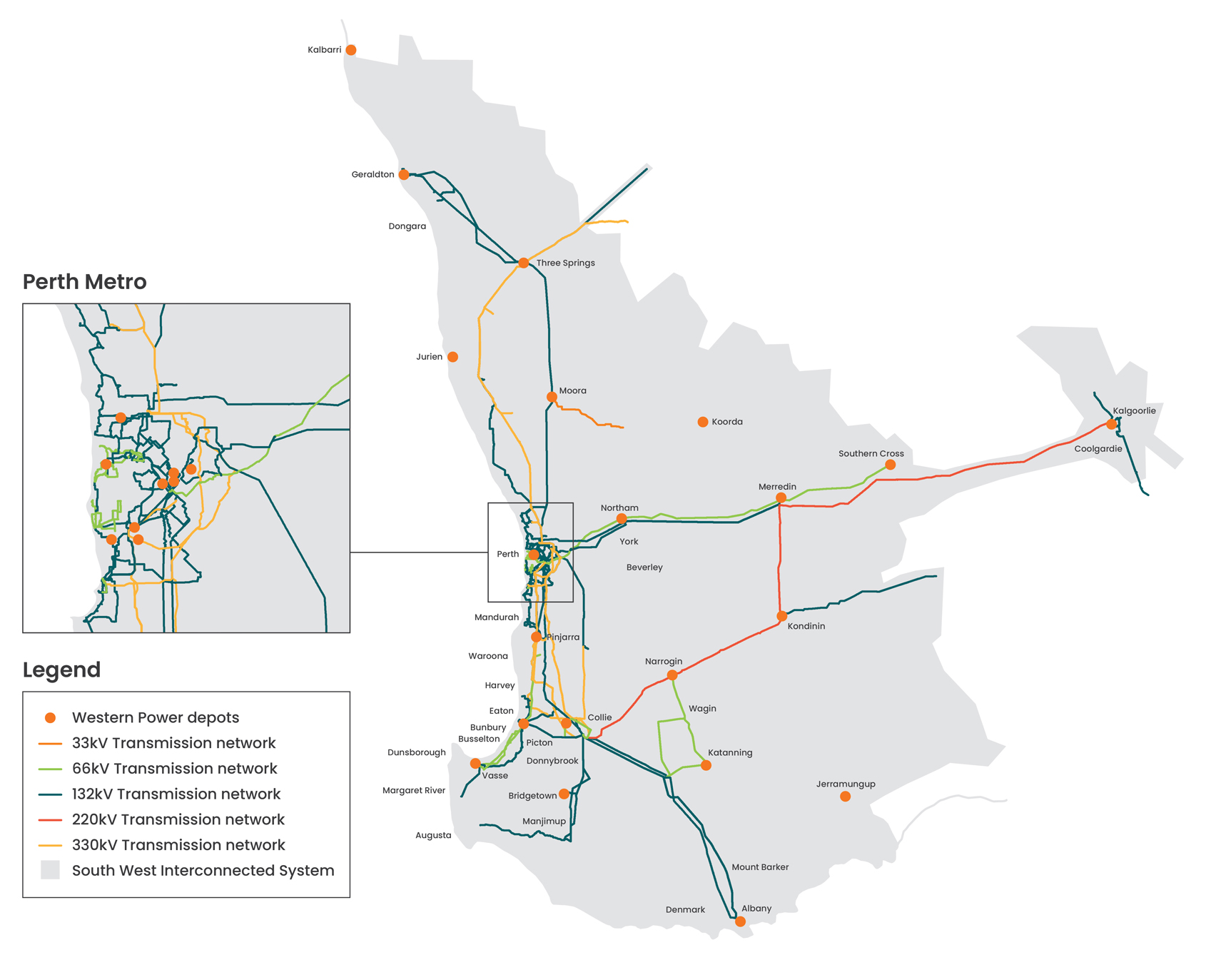 Map of the SWIS showing the transmission network